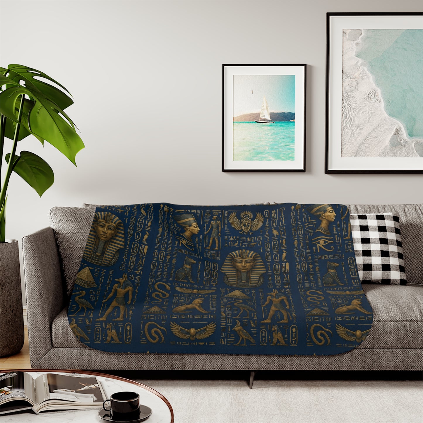Egyptian Luxurious Sherpa Blanket - blue and gold- protection prosperity healing
