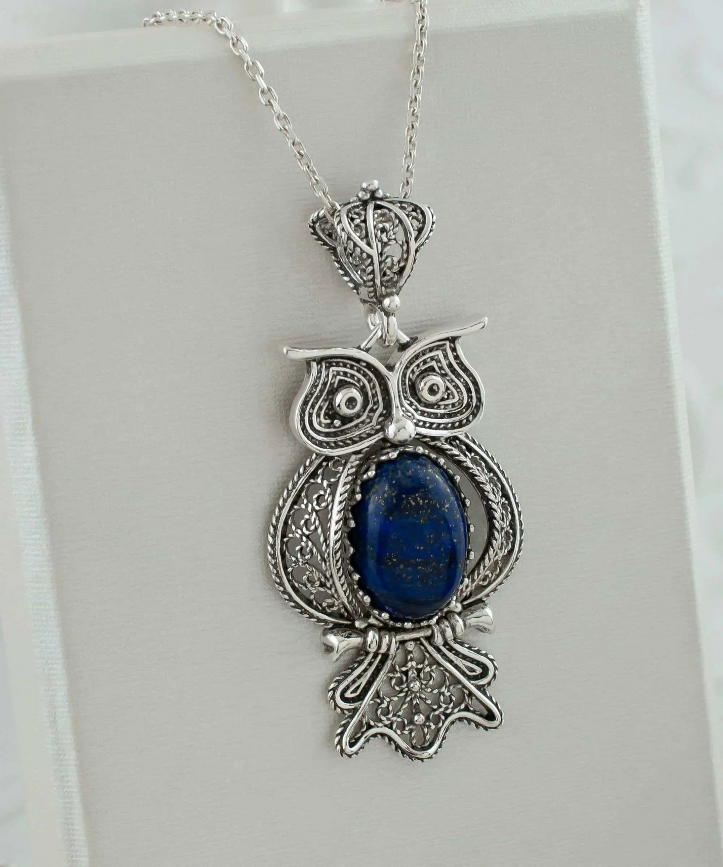 Filigree Art Owl Necklace- Lapis Lazuli