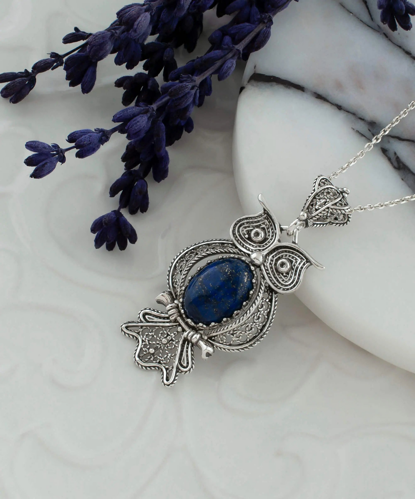 Filigree Art Owl Necklace- Lapis Lazuli