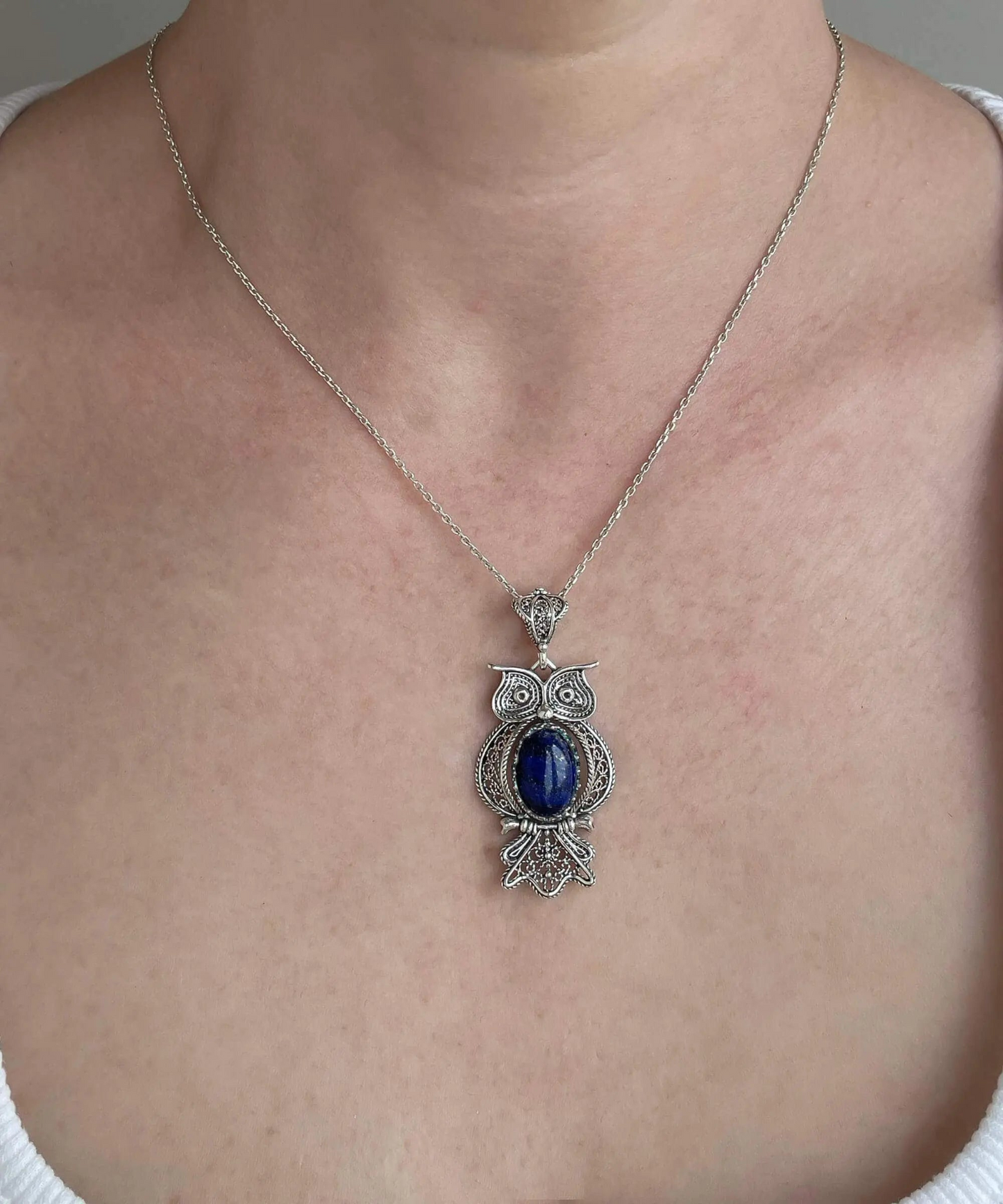 Filigree Art Owl Necklace- Lapis Lazuli