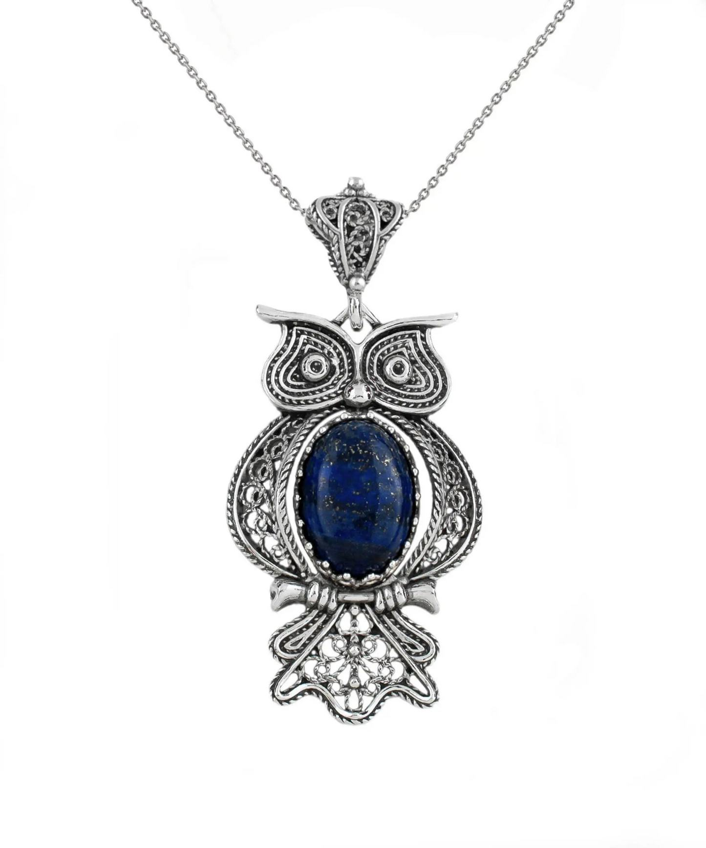 Filigree Art Owl Necklace- Lapis Lazuli