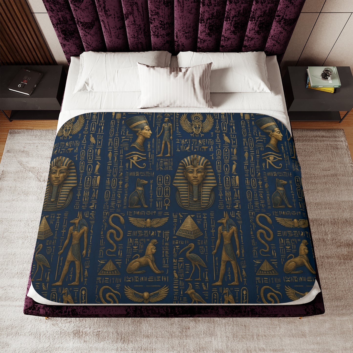 Egyptian Luxurious Sherpa Blanket - blue and gold- protection prosperity healing