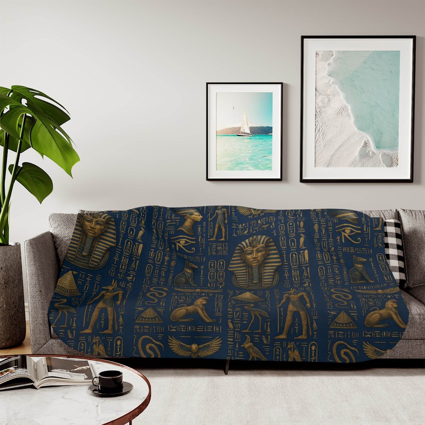 Egyptian Luxurious Sherpa Blanket - blue and gold- protection prosperity healing