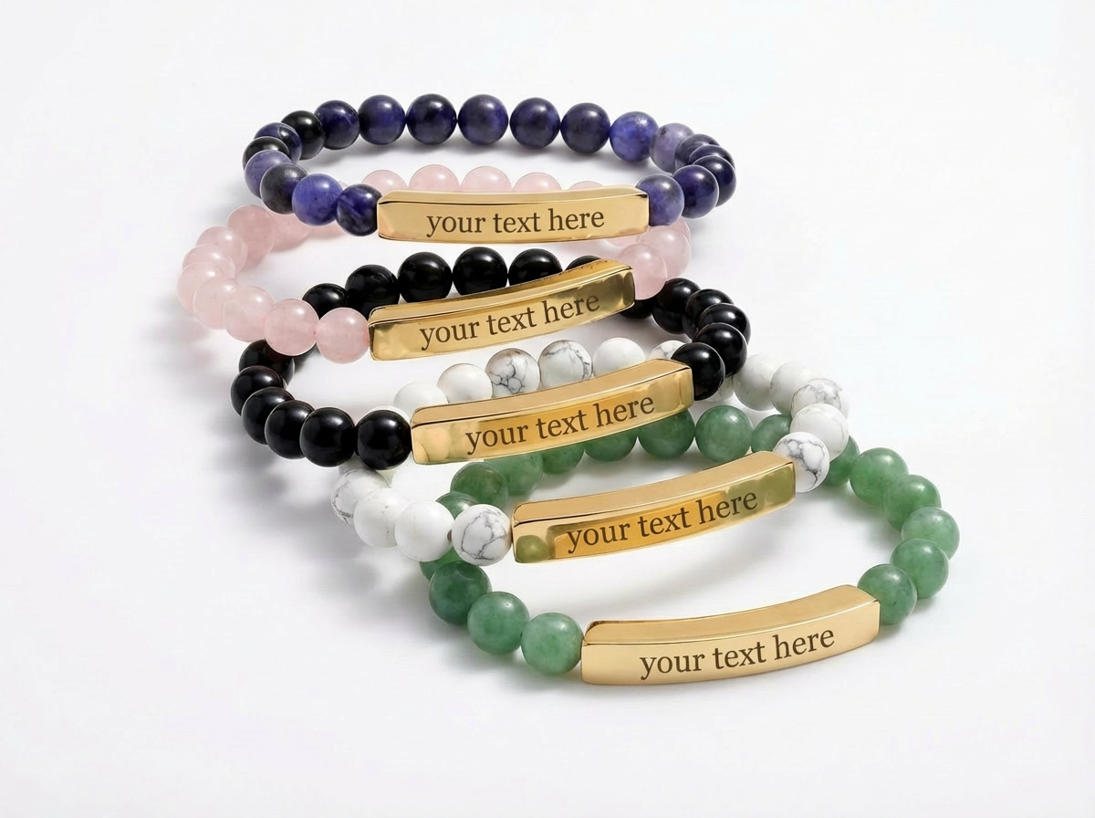 2026 Word of the Year Custom Engravable Natural Stone Stretch Bead Bracelet — Personalized Bar Bracelet