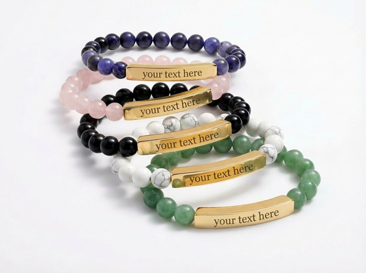 2026 Word of the Year Custom Engravable Natural Stone Stretch Bead Bracelet — Personalized Bar Bracelet