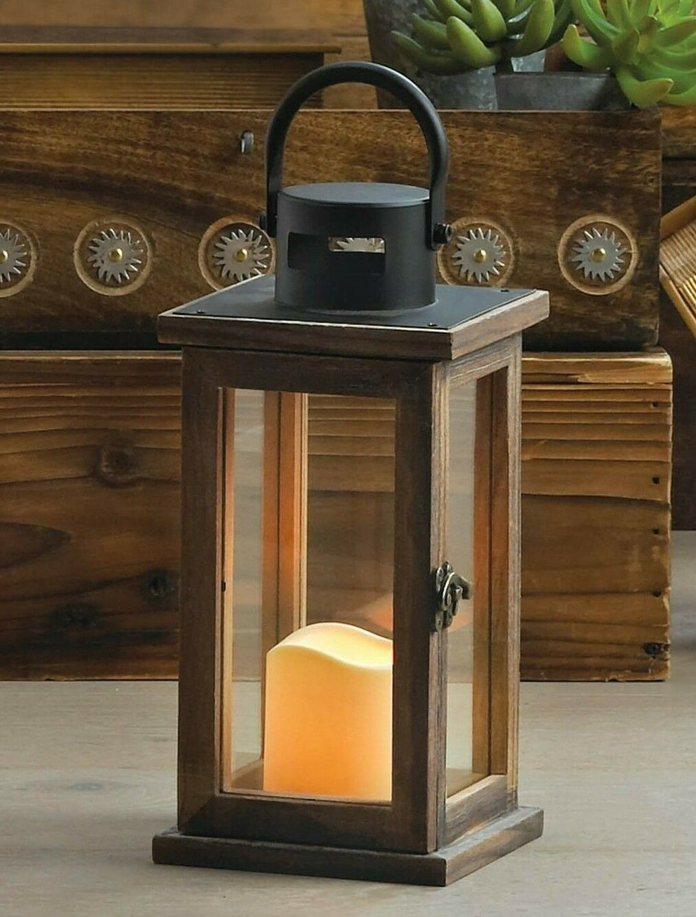 Wood Lantern with LED Candle - 11 inches